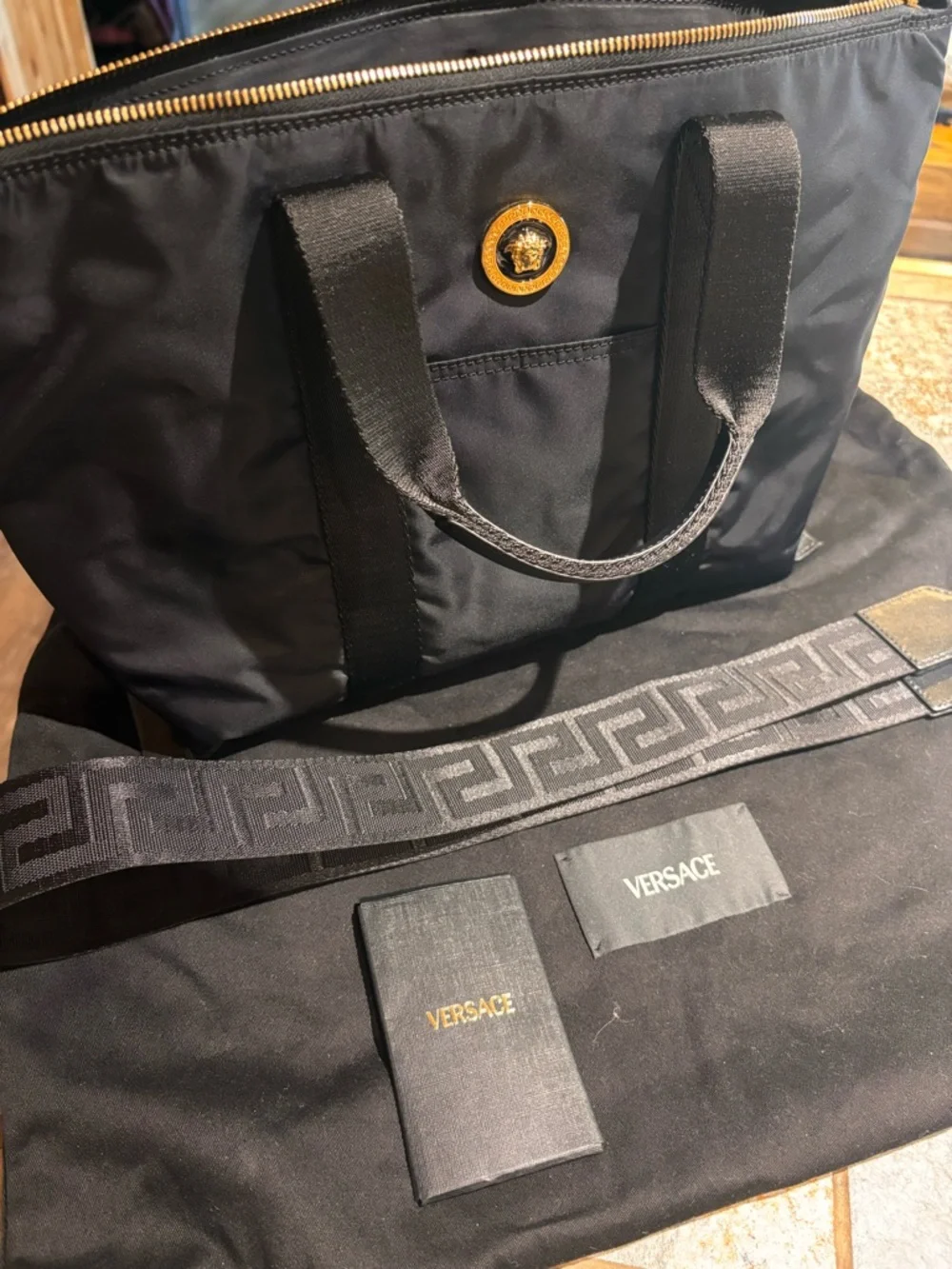 Versace Black Nylon Duffel Bag with Gold Medusa Accent - Picture 5 of 5